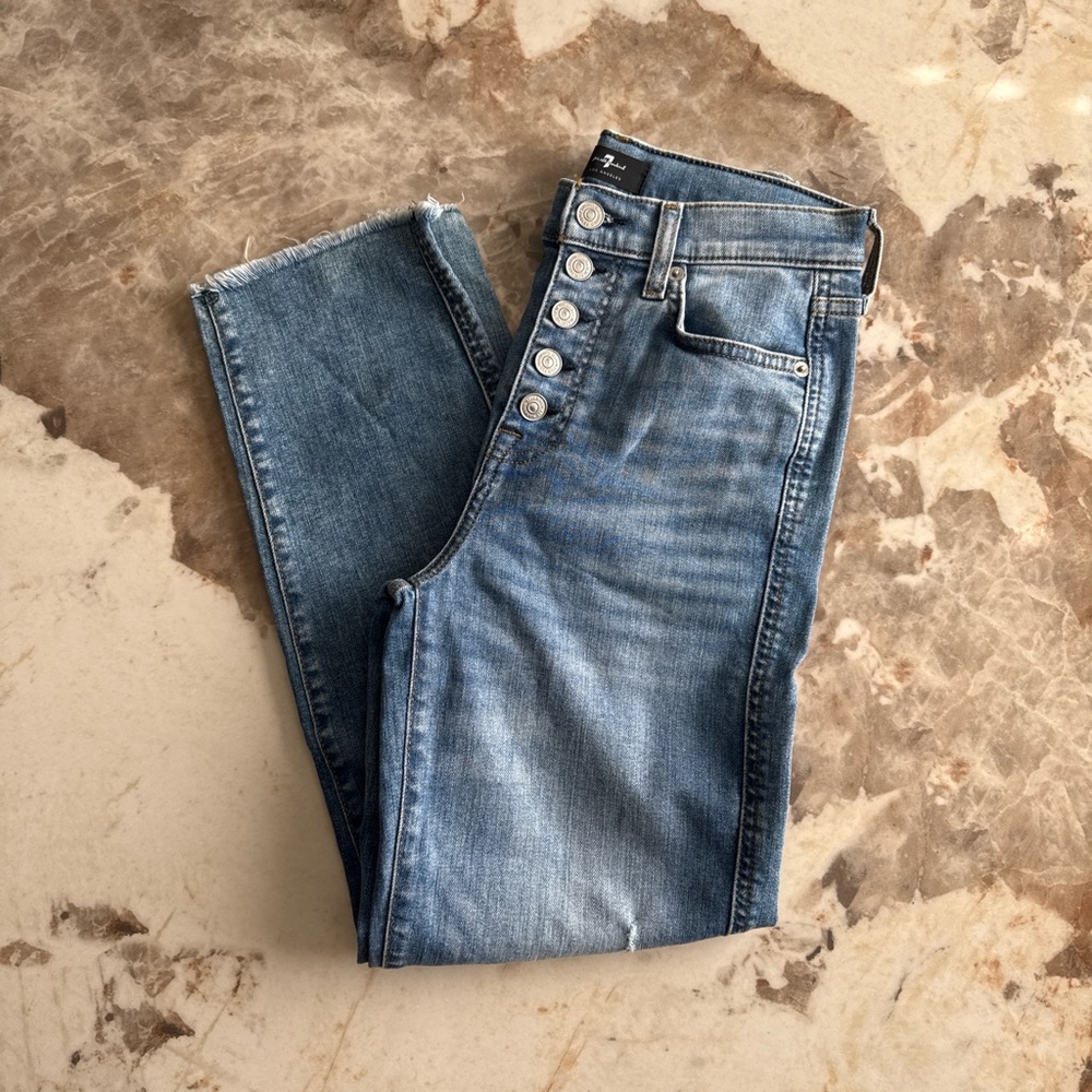 EUC 7 for All Mankind Women's Blue High-Rise Button-Fly Straight Leg Jeans
